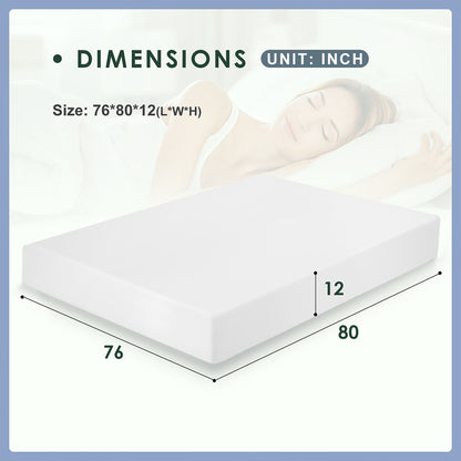 King Size 80"L x 76"W x 12"H Memory Foam Mattress, Gel-Infused, Plush Comfort, Roll-in-a-Box – White