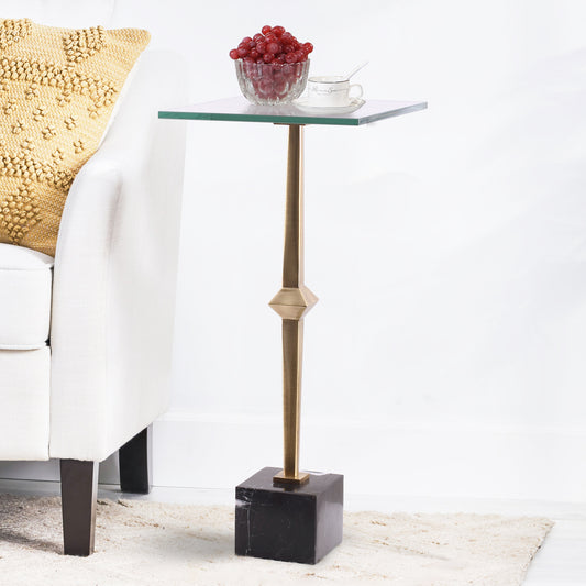 IHOMEADORE 11" Wide Antique Brass Square Glass Marble Pedestal Table Drink Table