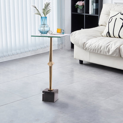 IHOMEADORE 11" Wide Antique Brass Square Glass Marble Pedestal Table Drink Table