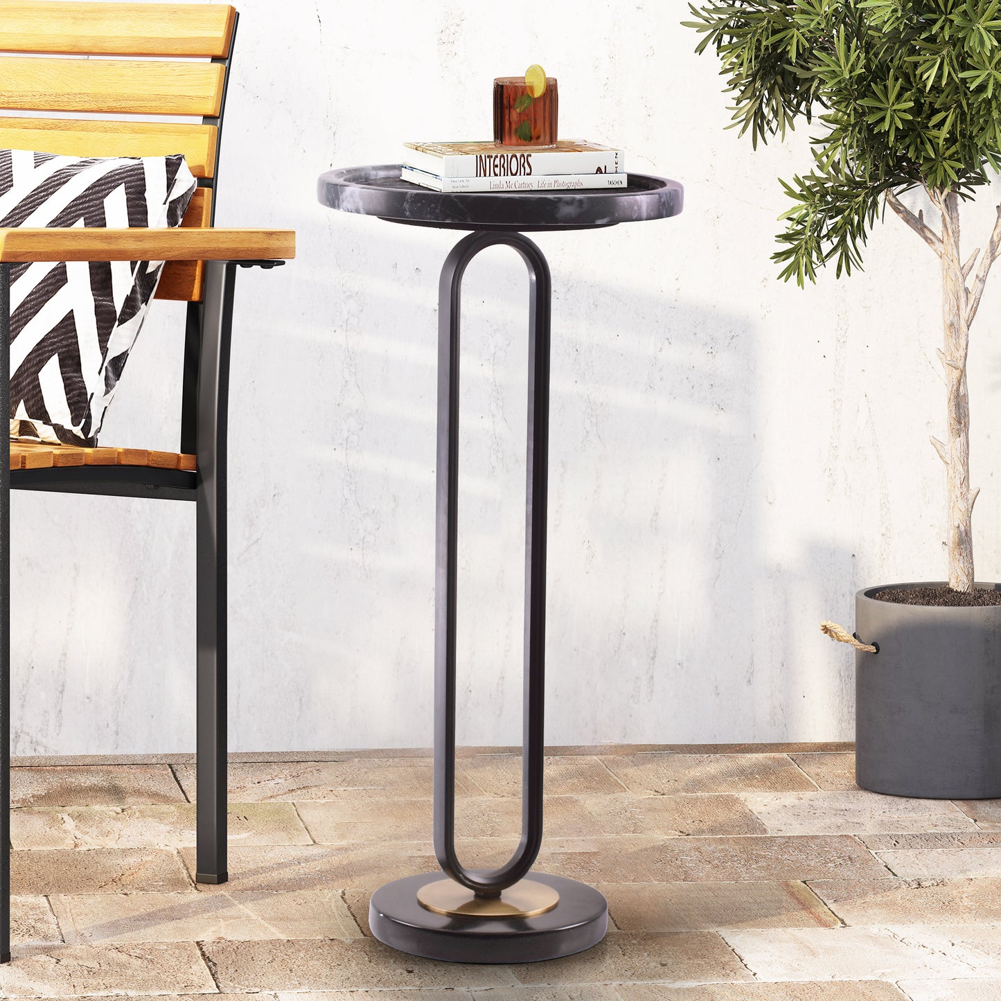 IHOMEADORE 12" Wide Modern Black Round Marble Pedestal Table Sofa End Table