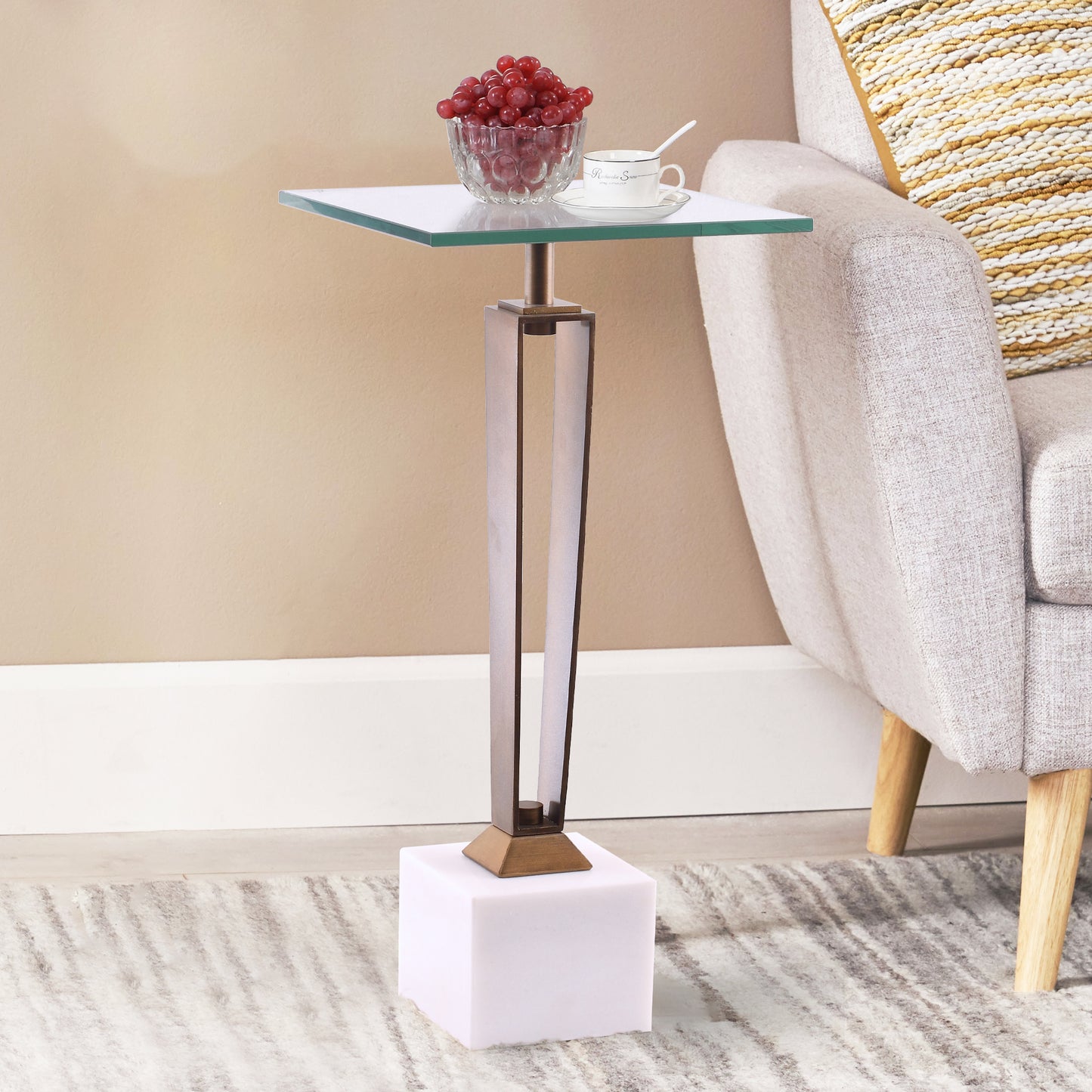 IHOMEADORE 11" Wide Modern White Marble Pedestal Side Table with Glass