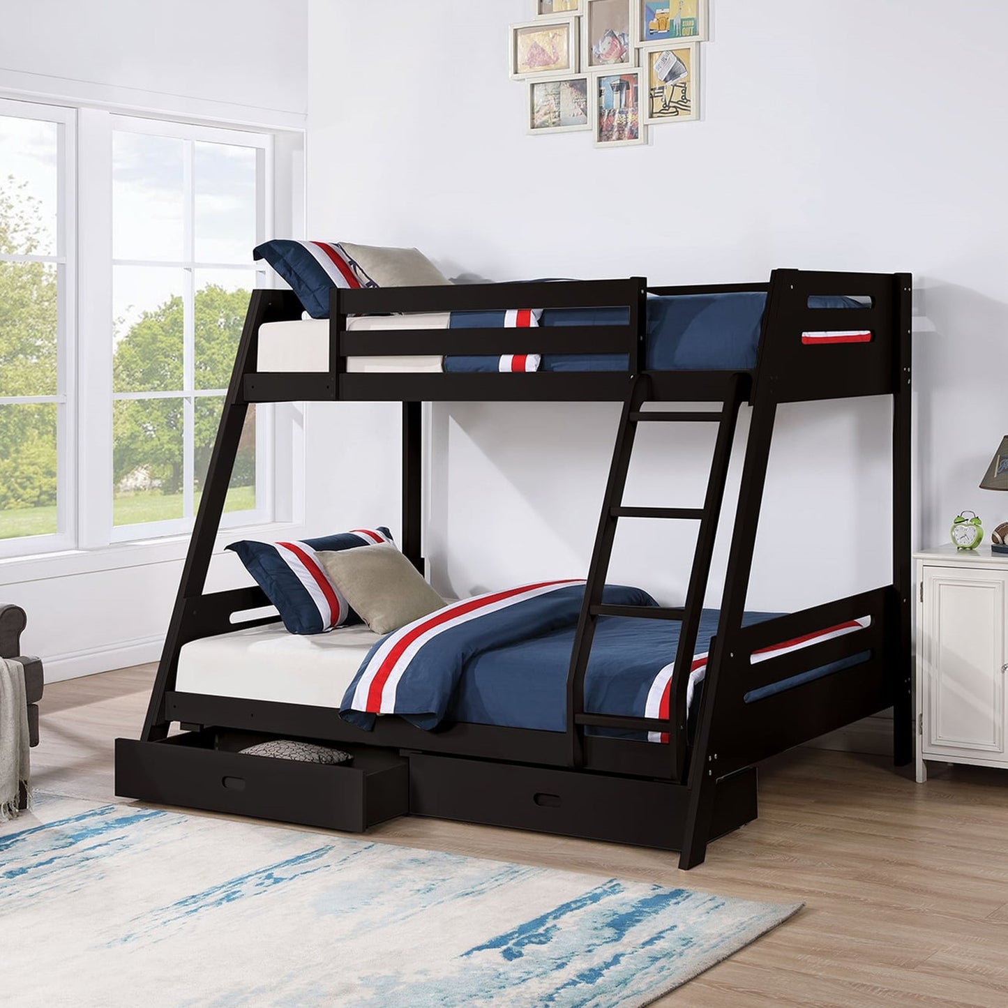 79"W Traditional Black Twin Over Full Bunk Bed with Slat Design and Storage Drawers