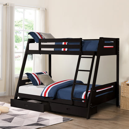 79"W Traditional Black Twin Over Full Bunk Bed with Slat Design and Storage Drawers