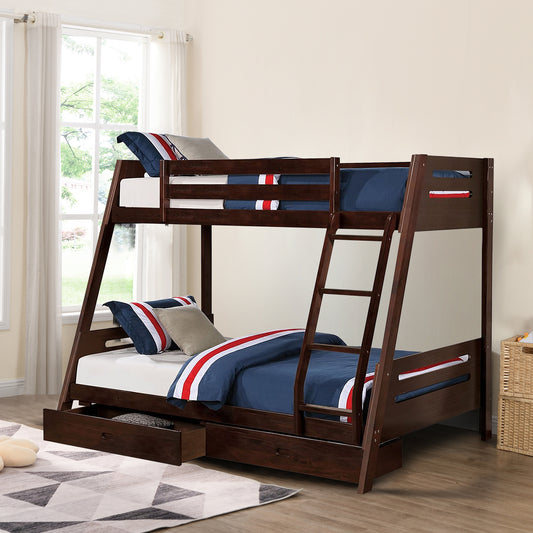 79"W x 61"D x 65"H Traditional Espresso Twin Over Full Bunk Bed with Slat Design Ladder and Storage Drawers