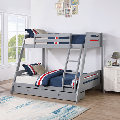79"W x 61"D x 65"H Modern Gray Twin Over Full Bunk Bed with Slat Design Ladder and Storage Drawers