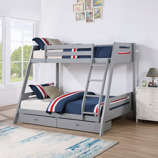 79"W x 61"D x 65"H Modern Gray Twin Over Full Bunk Bed with Slat Design Ladder and Storage Drawers