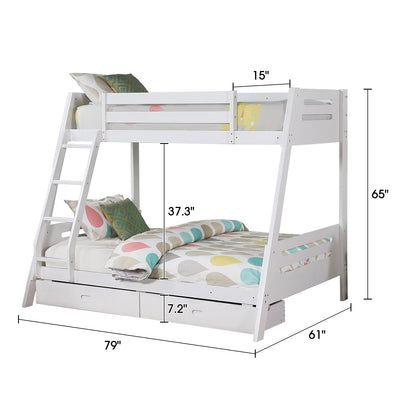 79"W x 61"D x 65"H Modern White Twin Over Full Bunk Bed with Slat Design Ladder and Storage Drawers