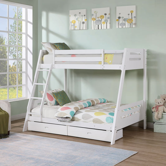 79"W x 61"D x 65"H Modern White Twin Over Full Bunk Bed with Slat Design Ladder and Storage Drawers