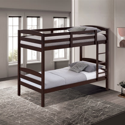 79”W x 42.5“D x 65”H Traditional Espresso Twin over Twin Bunk Bed with Arch Slat Design