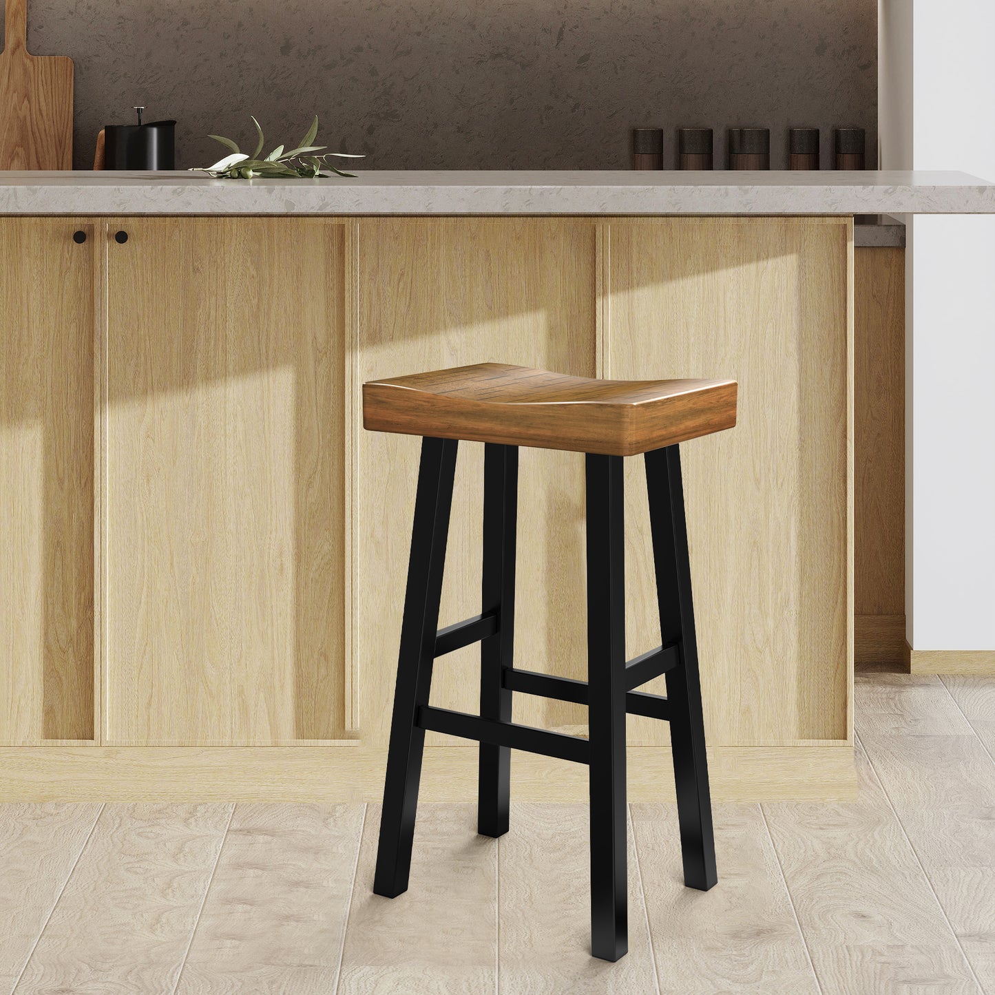 17.5"W x 13"D x 31"H Oak and Black Traditional Solid Wood Stool with Contour Seat