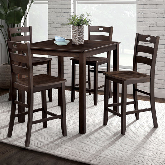 36”W x 36“D x 30”H Traditional Walnut Solid Rubberwood and  Wood Veneer 5 Piece Dining Table Set with Slat Back Chairs