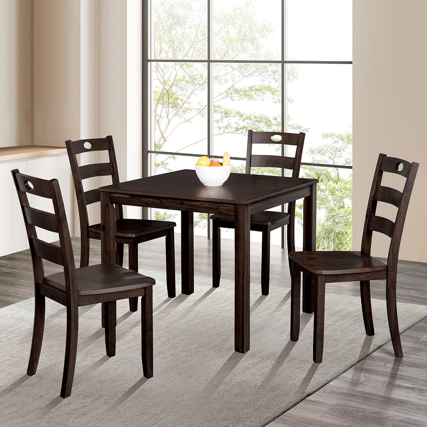 Traditional Espresso Solid Rubberwood and Wood Veneer 5 Piece Dining Table Set with Slat Back Chairs