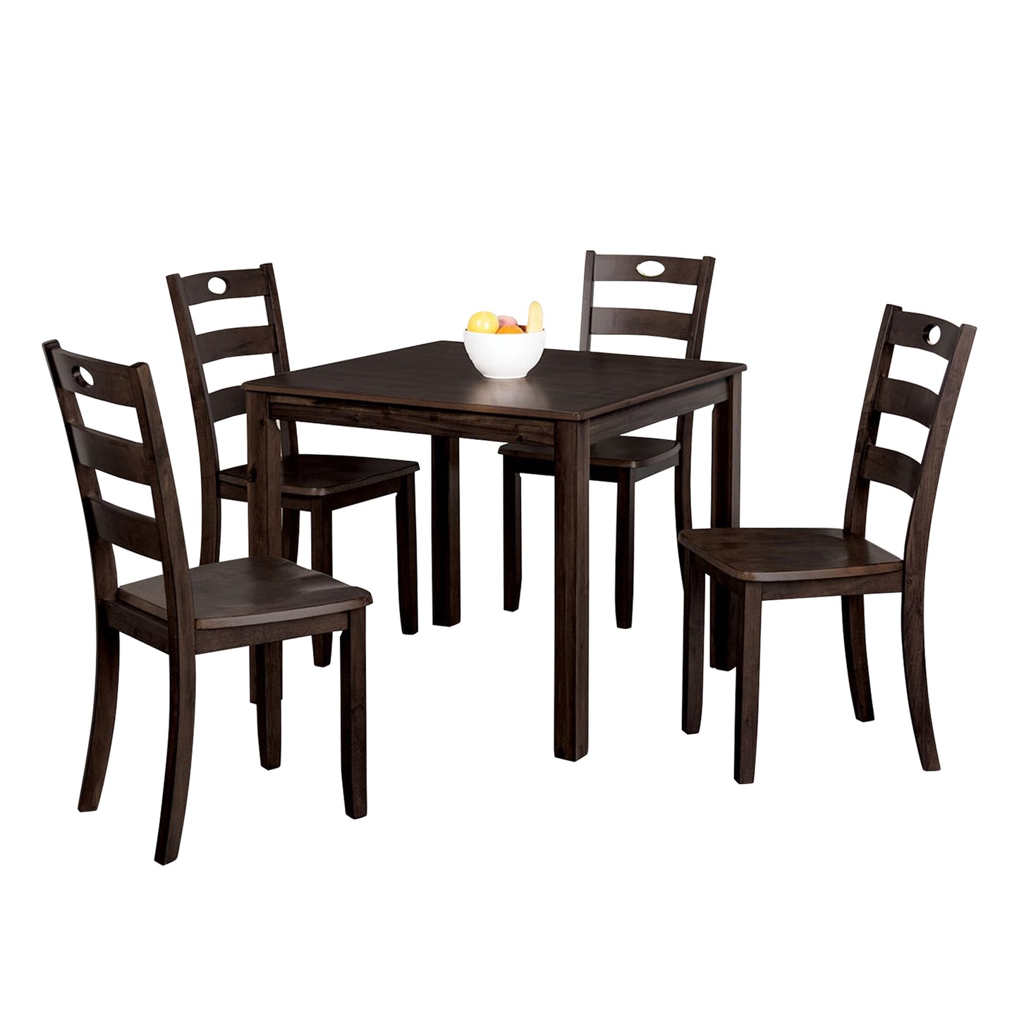 Traditional Espresso Solid Rubberwood and Wood Veneer 5 Piece Dining Table Set with Slat Back Chairs