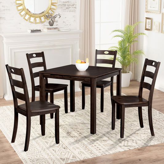 Traditional Espresso Solid Rubberwood and Wood Veneer 5 Piece Dining Table Set with Slat Back Chairs