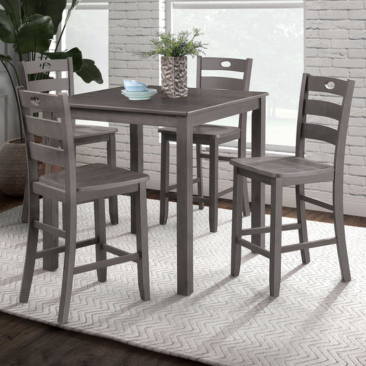 36"W x 36"D x 36"H Modern Gray 5 Piece Counter Height Table Set Solid Rubberwood Wood Veneer with Slat Back Chairs
