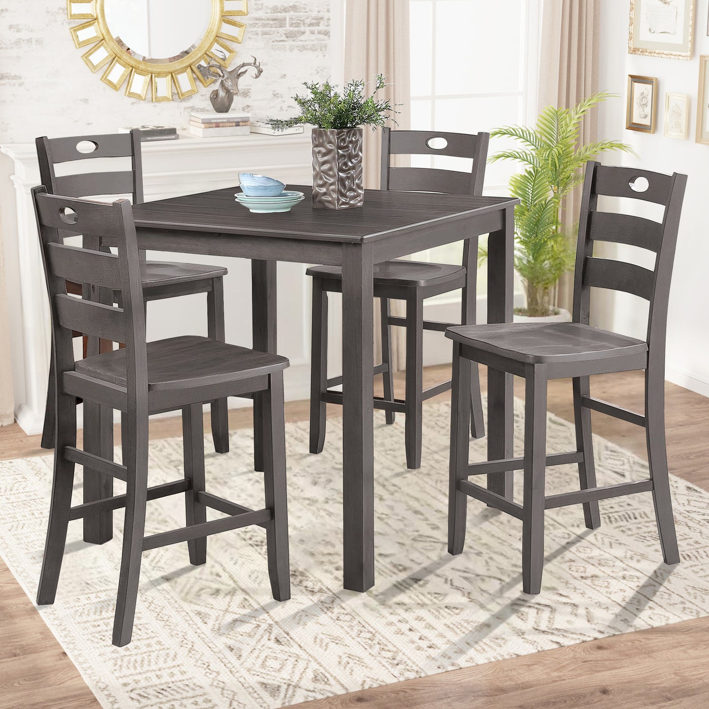 36"W x 36"D x 36"H Modern Gray 5 Piece Counter Height Table Set Solid Rubberwood Wood Veneer with Slat Back Chairs