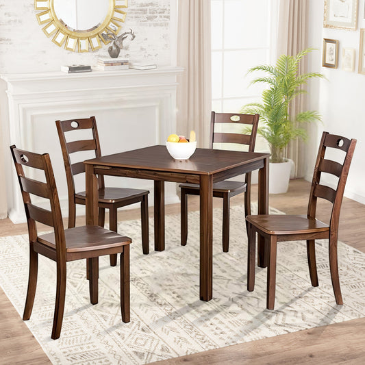 36“W x 36”D x 30“H Modern Walnut Solid Rubberwood and Wood Veneer 5 Piece Dining Table Set with Slat Back Chairs