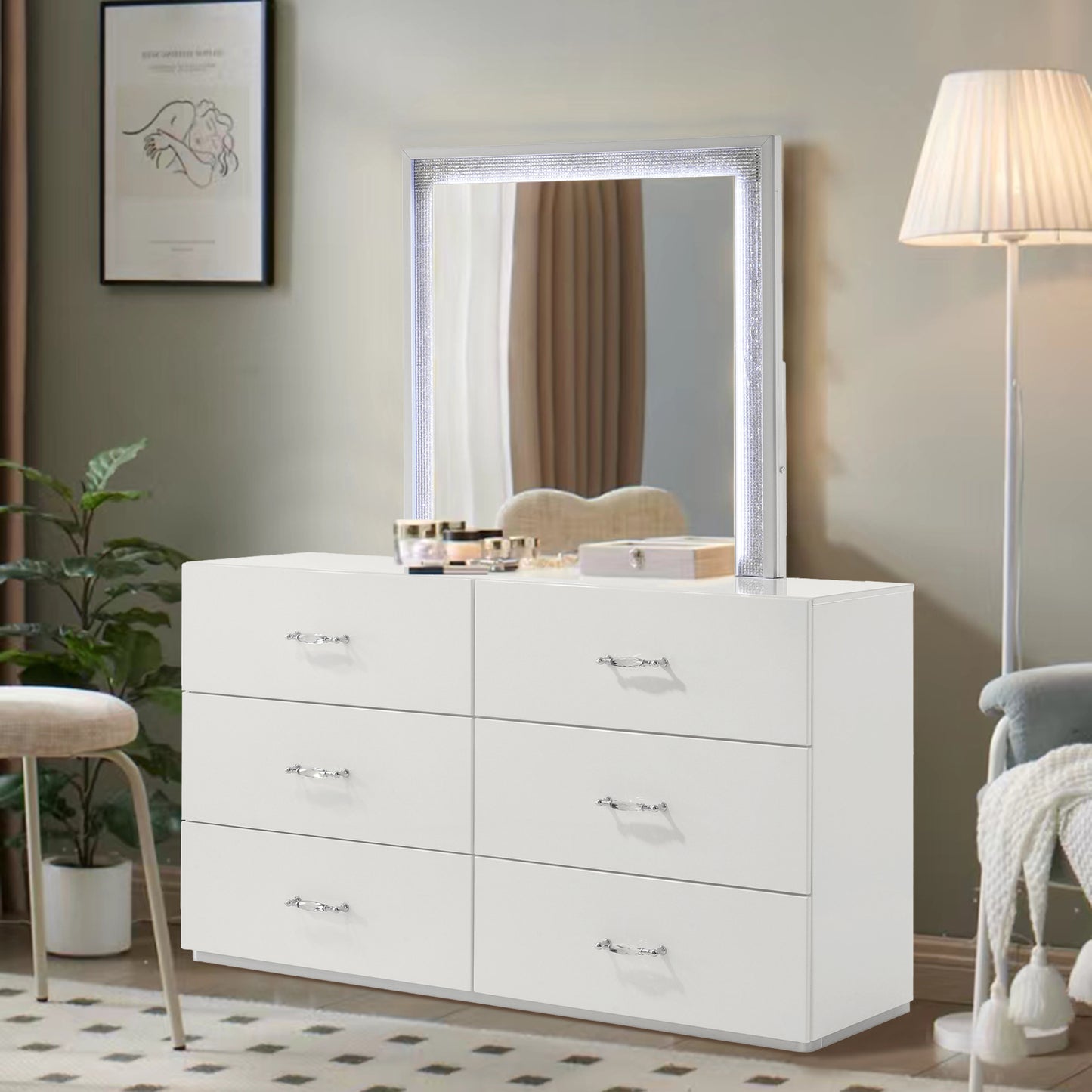 61.5" Contemporary White Dresser with High-Gloss UV Finish and Chrome Acrylic Handles