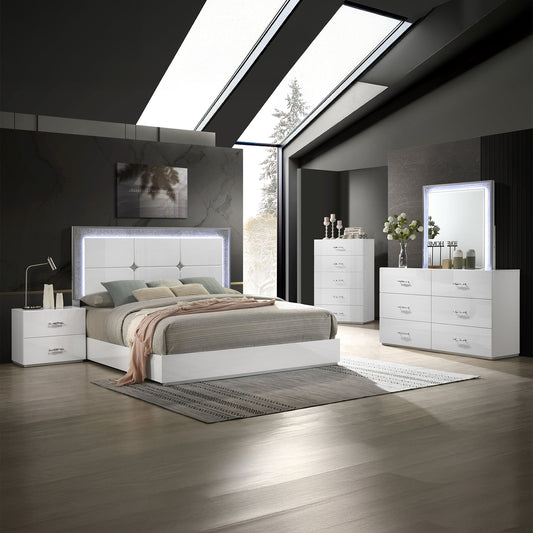 79.5" Contemporary White King Bed with LED Headboard and Rhinestone Trim