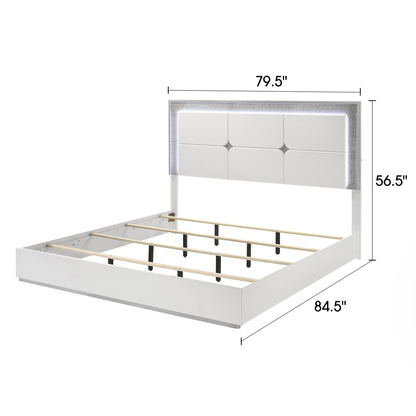 79.5" Contemporary White King Bed with LED Headboard and Rhinestone Trim