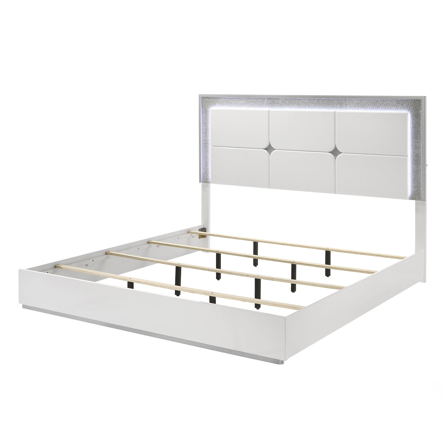 63.5" Contemporary White LED Bed with Rhinestone Trim and High Gloss Finish