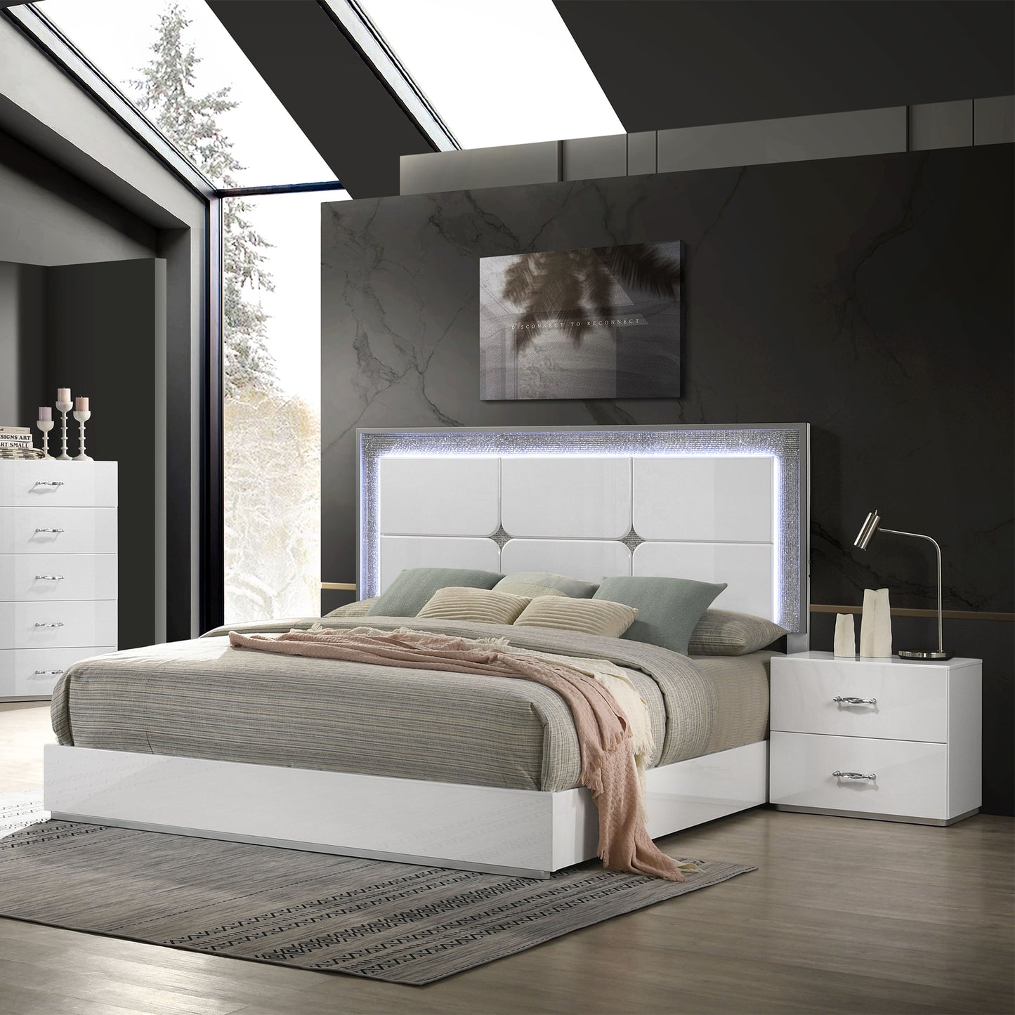 63.5" Contemporary White LED Bed with Rhinestone Trim and High Gloss Finish