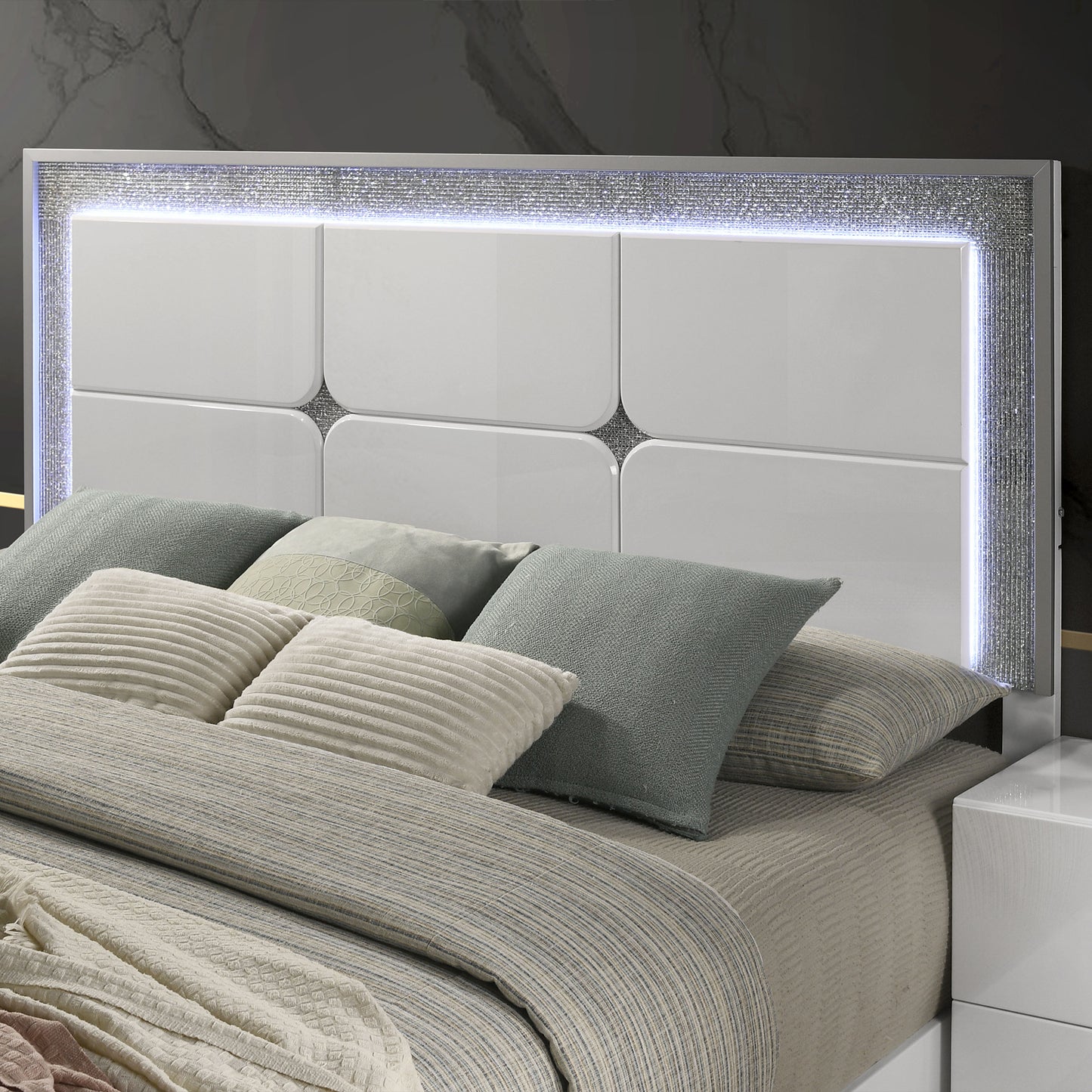 63.5" Contemporary White LED Bed with Rhinestone Trim and High Gloss Finish