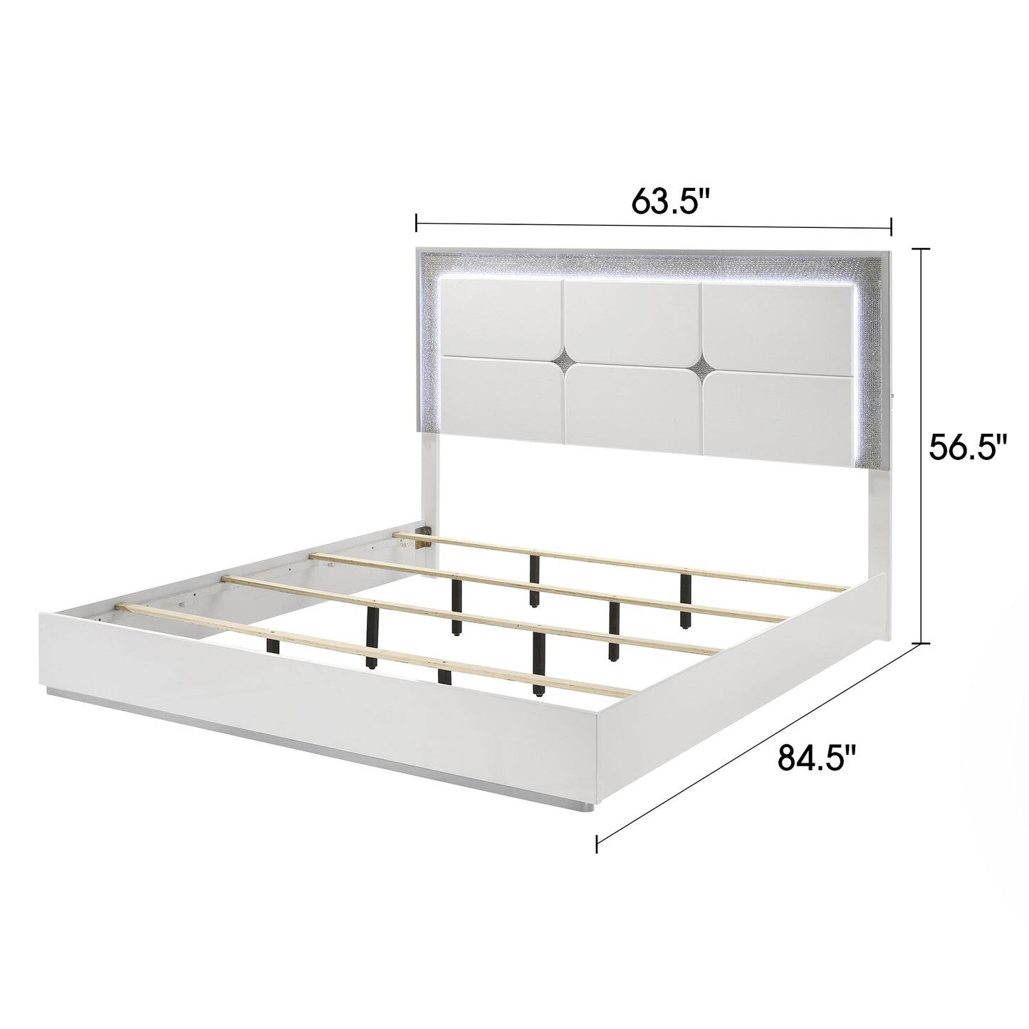 63.5" Contemporary White LED Bed with Rhinestone Trim and High Gloss Finish