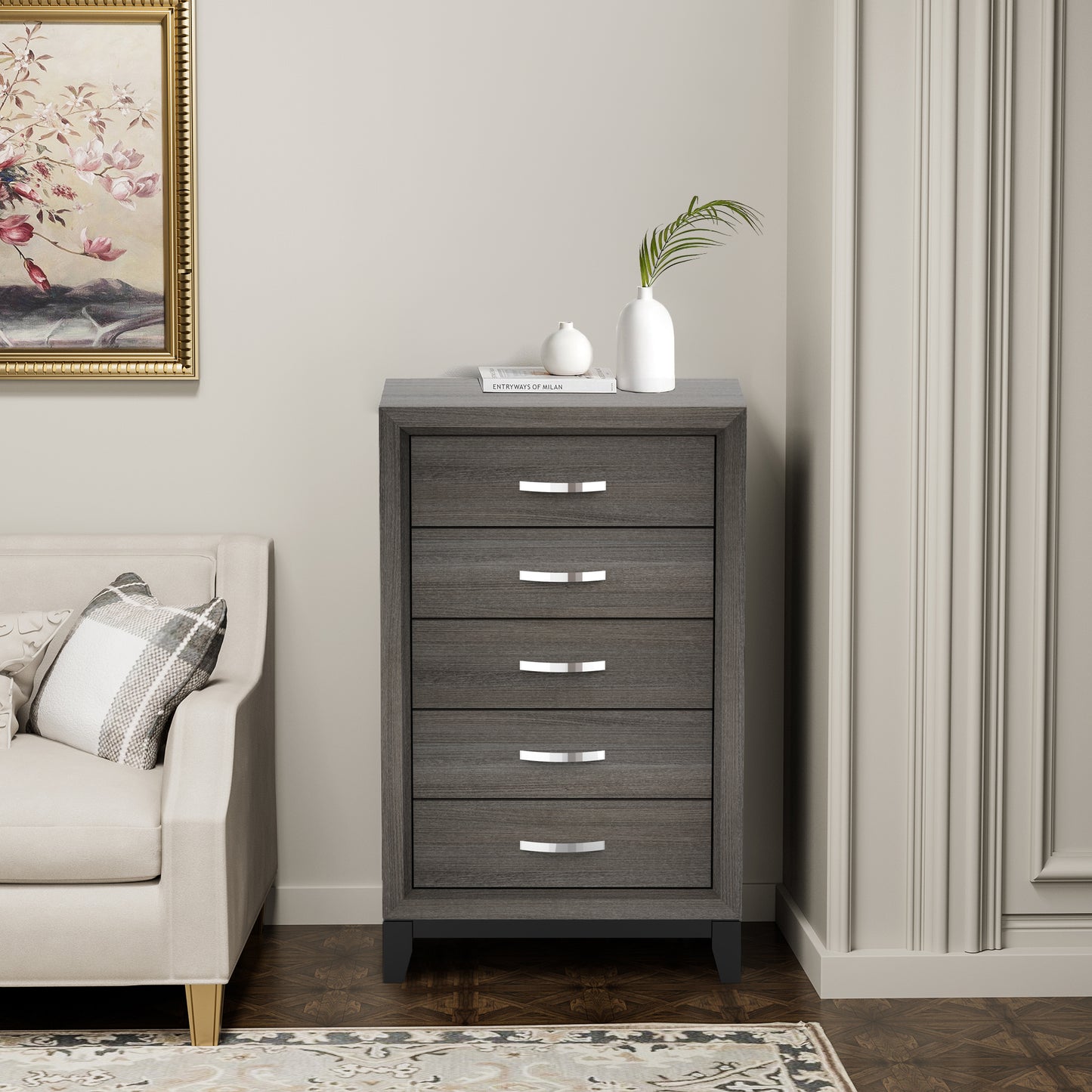 31"W Gray Contemporary Chest with Two-Tone Design and Wooden Legs