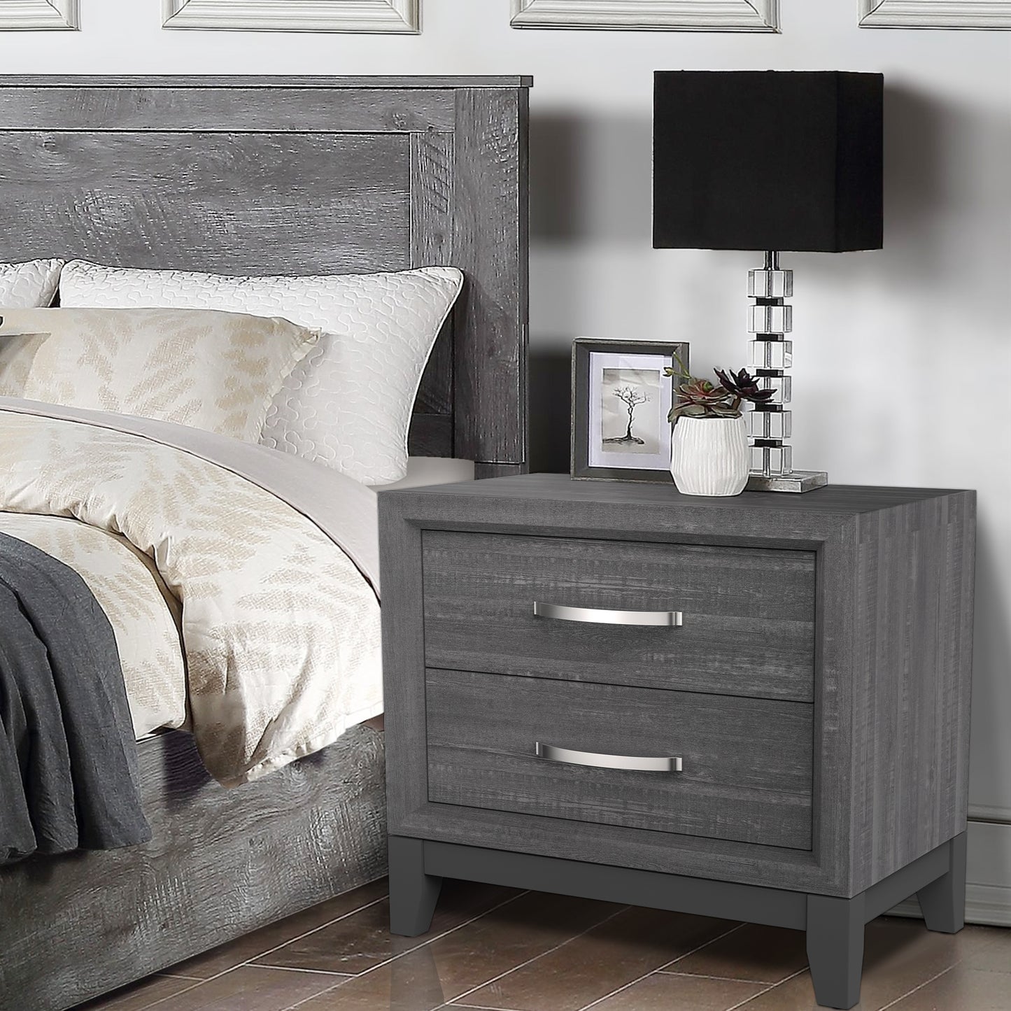 23.5"W Gray Contemporary Nightstand with Wooden Legs and Two-Tone Design