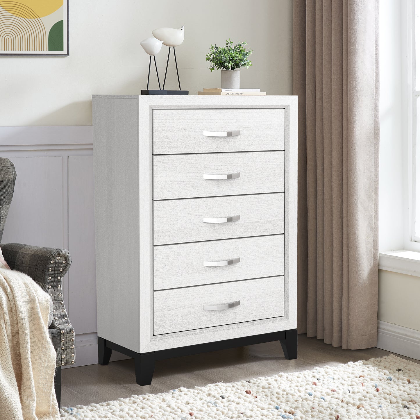 31"W White Modern Chest with Two-Tone Design and Wooden Legs