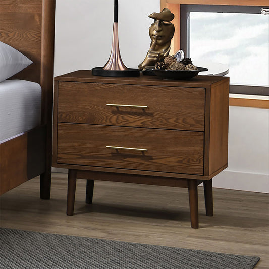 23" Mid-Century Modern Walnut Night Stand with Gold Pulls and Tapered Legs