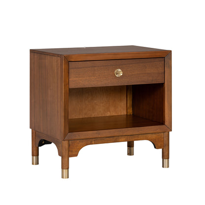 26" Mid-Century Walnut Nightstand with USB Port, LED Light, and Gold Accents