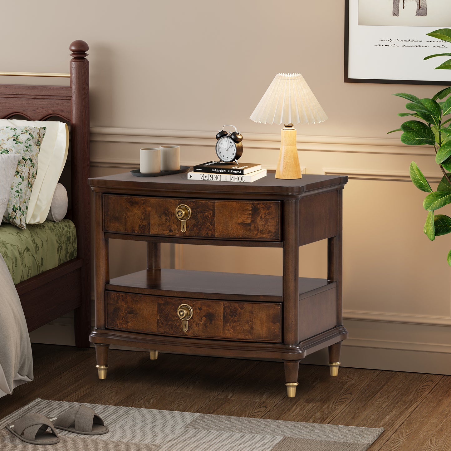 30.5" Traditional Dark Cherry Nightstand with USB, Power Outlet and Gold Accents