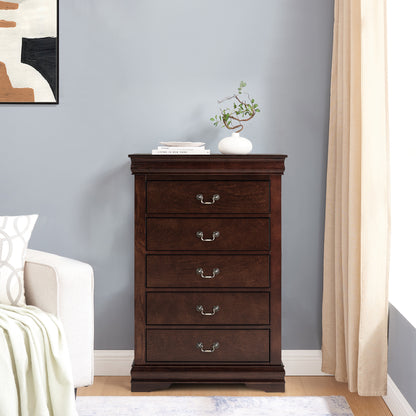 31.5"W Dark Cherry Transitional Chest with Dovetail Drawers and Bracket Feet – Solid Wood and Veneer