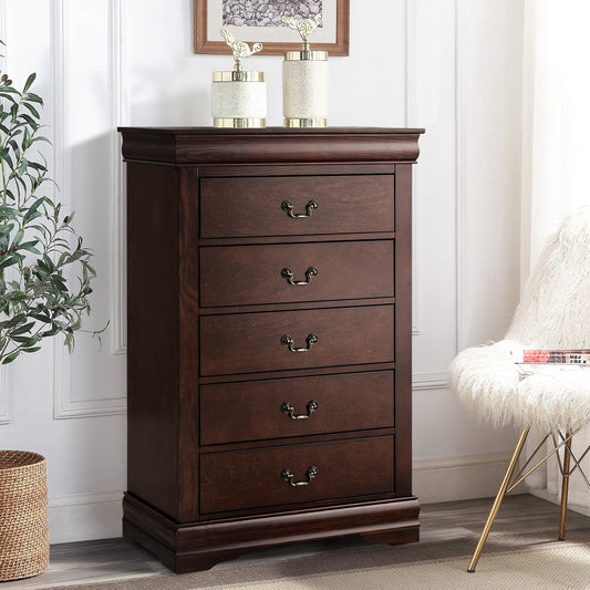31.5"W Dark Cherry Transitional Chest with Dovetail Drawers and Bracket Feet – Solid Wood and Veneer