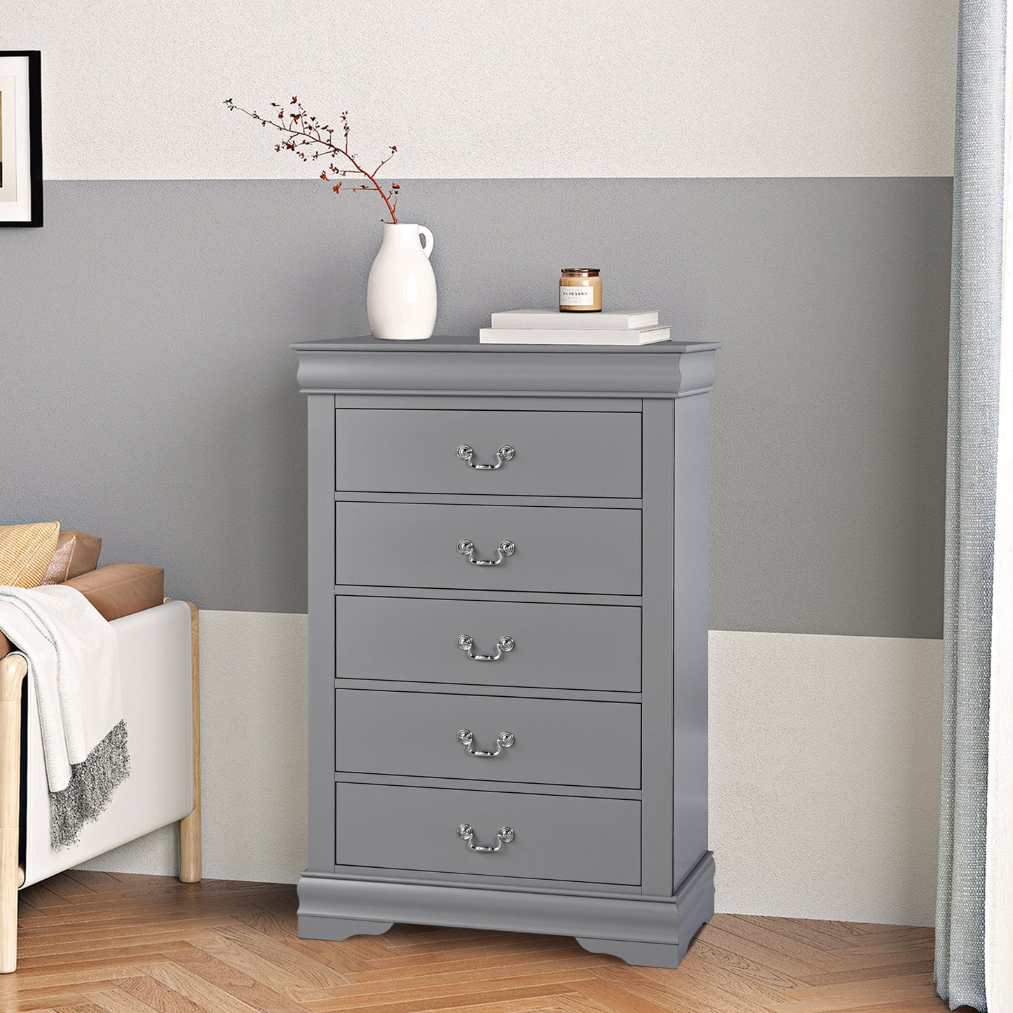 31.5"W Gray Modern Chest with English Dovetail Drawers – Solid Wood and Veneer