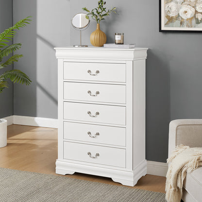 31.5"W White Transitional Chest with Dovetail Drawers and Bracket Feet