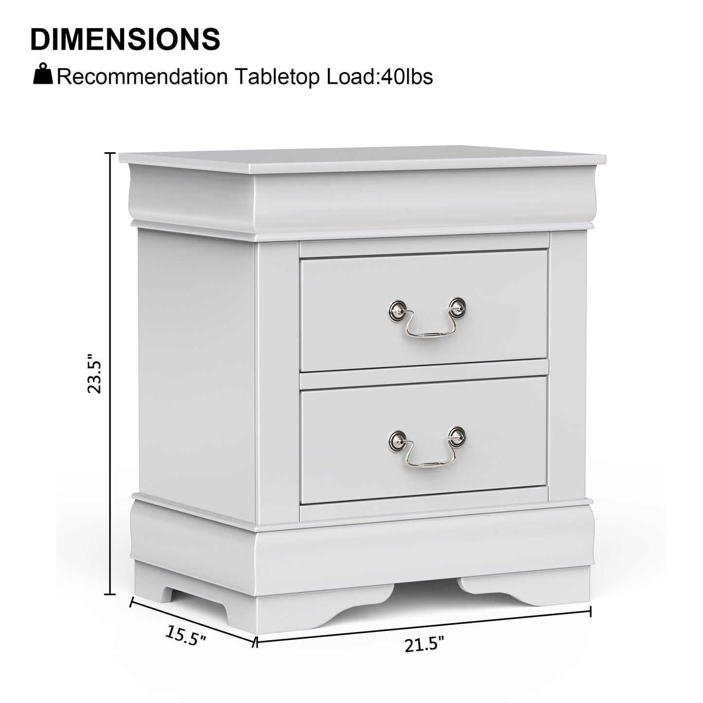 21.5"W White Traditional Nightstand with Hanging Drawer Pulls