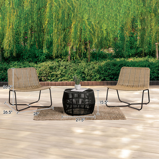 3-Piece Natural and Black Wicker Outdoor Conversation Set with Lounge Chairs and Table