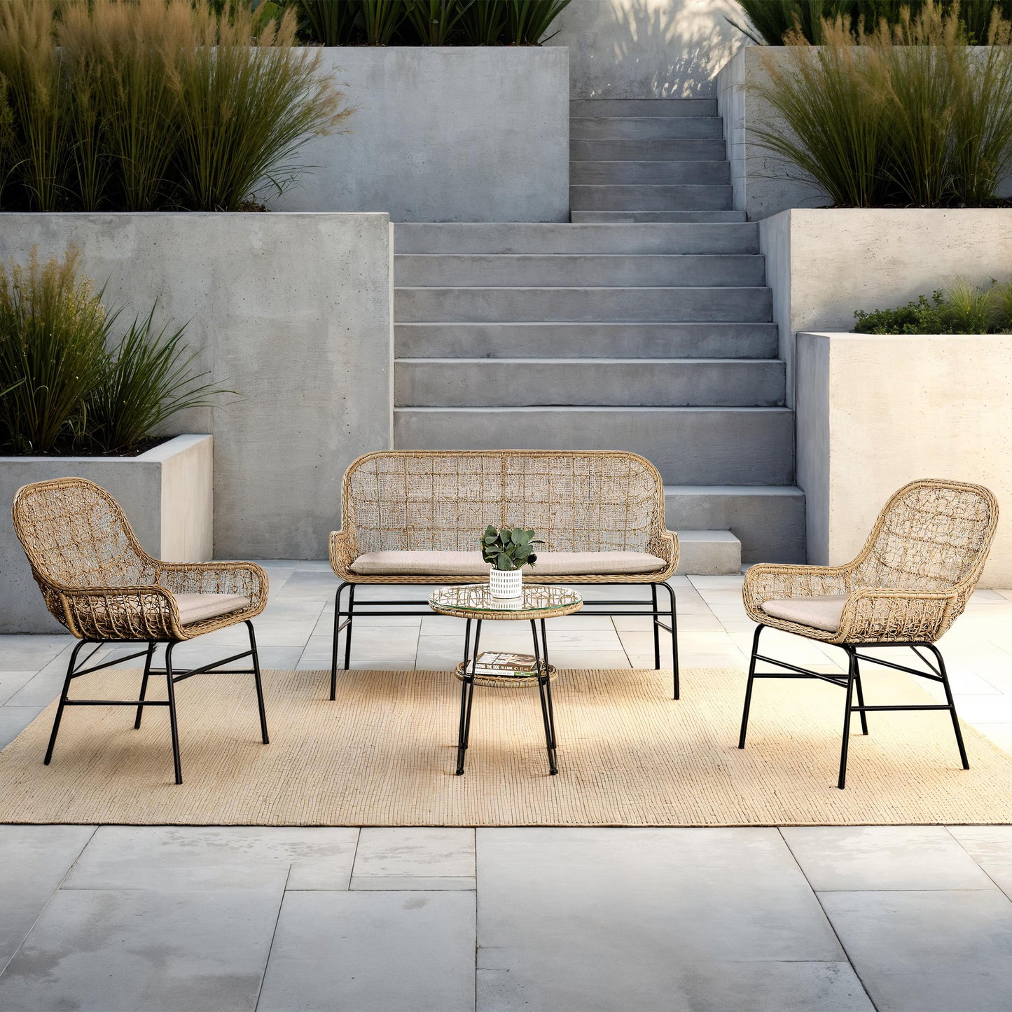 4-Piece Contemporary Natural Outdoor Conversation Set with Glass Table