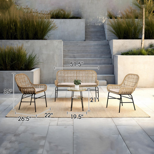 4-Piece Contemporary Natural Outdoor Conversation Set with Glass Table