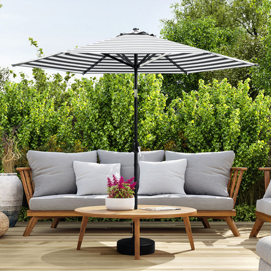 106" Blue and White Market Umbrella with Tilt-Adjustable Joint and Black Metal Frame