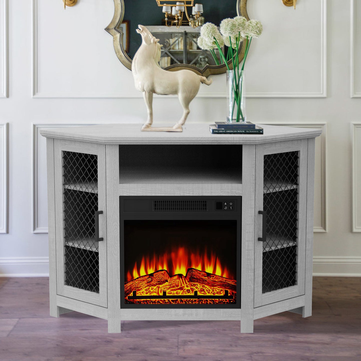 IHOMEADORE 47" White TV Stand with 18" Insert Electric Fireplace for TVs up to 55", Farmhouse