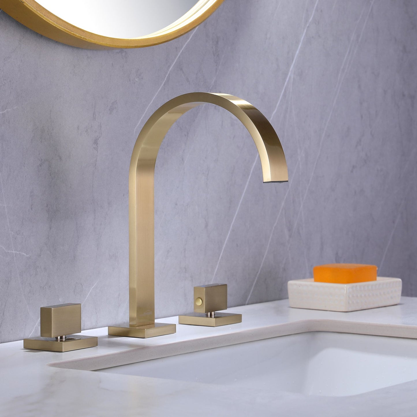 IHOMEADORE 8" Brushed Gold Widespread Double Handles Bathroom Faucet, Modern