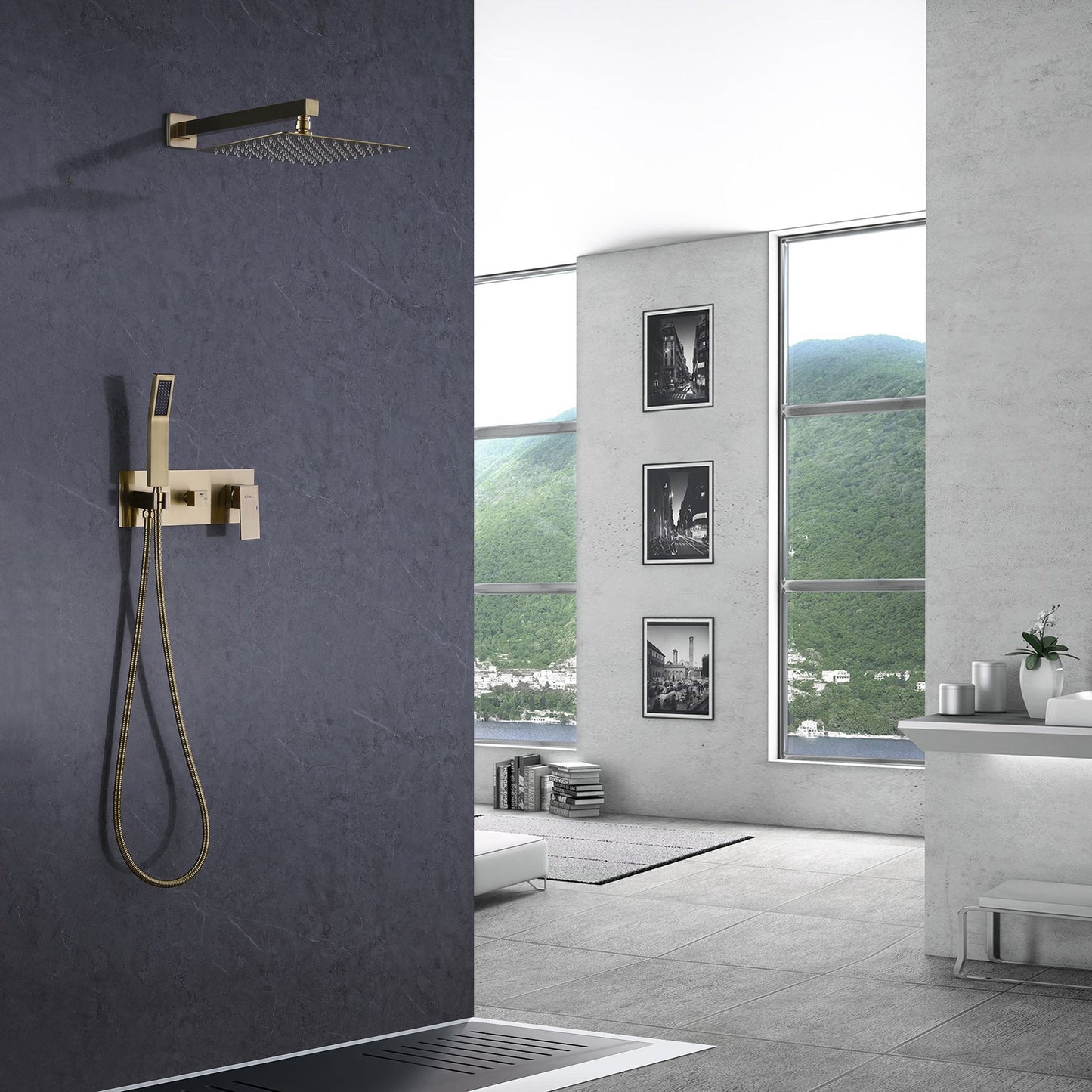 IHOMEADORE Brushed Golden1-Spray Square Wall Bar Shower Kit with Hand Shower, Modern