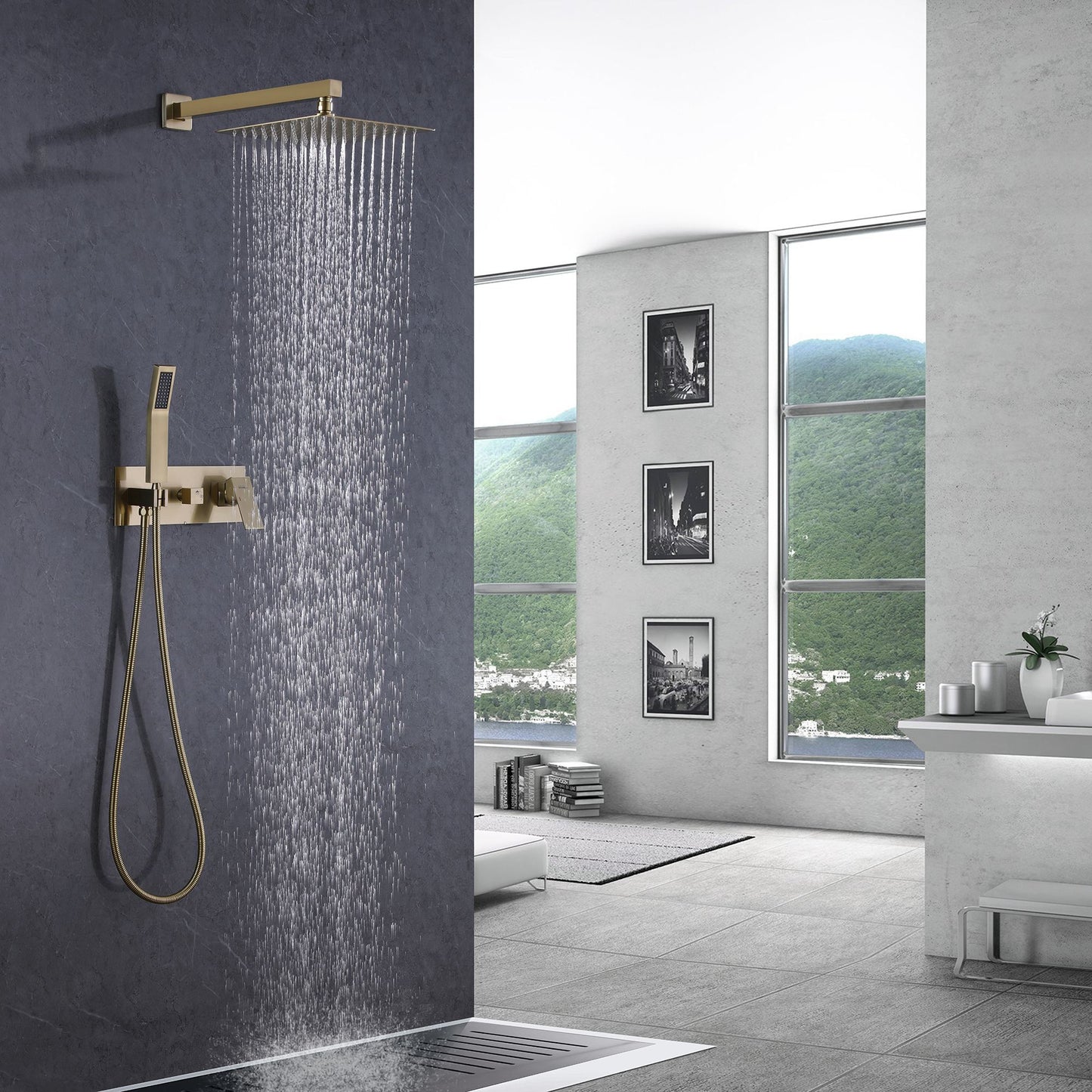 IHOMEADORE Brushed Golden1-Spray Square Wall Bar Shower Kit with Hand Shower, Modern