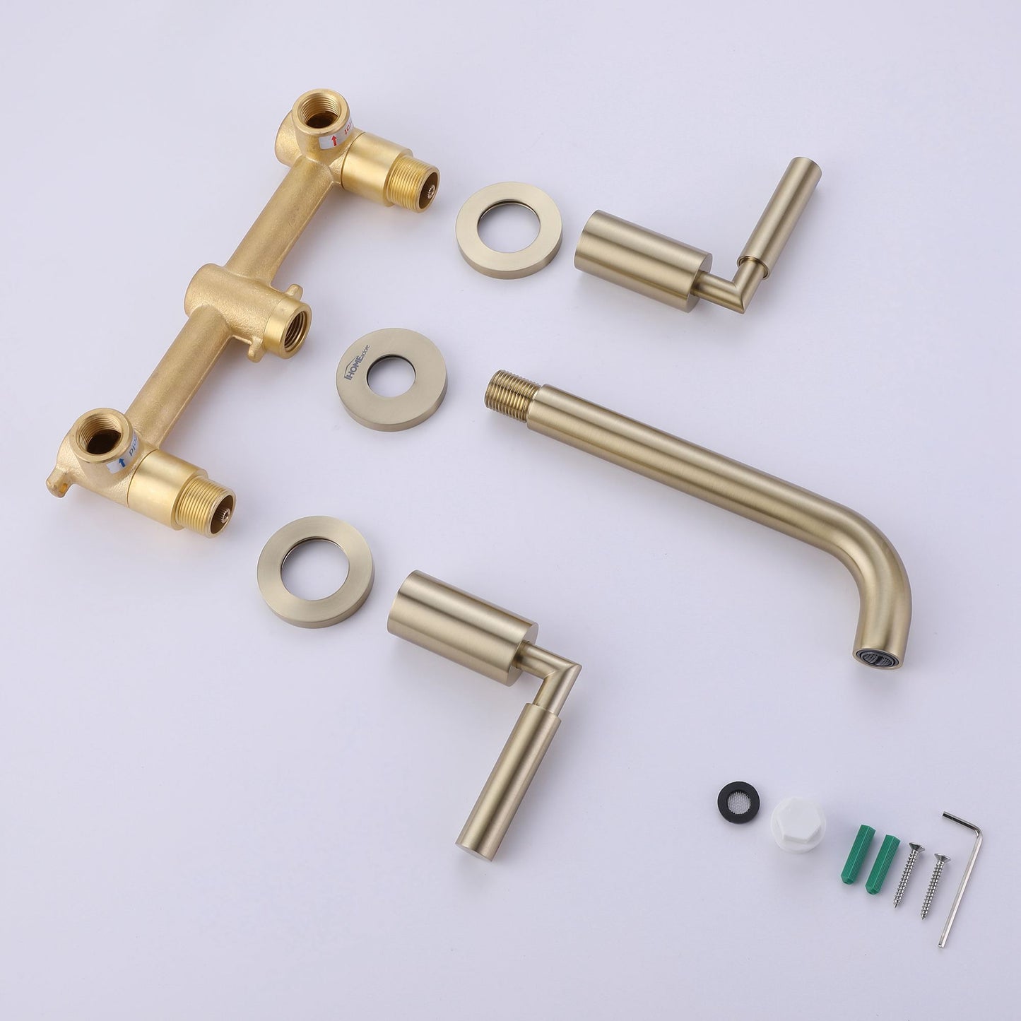 IHOMEADORE Brushed Gold Double Handle Wall Mounted Bathroom Faucet, Modern