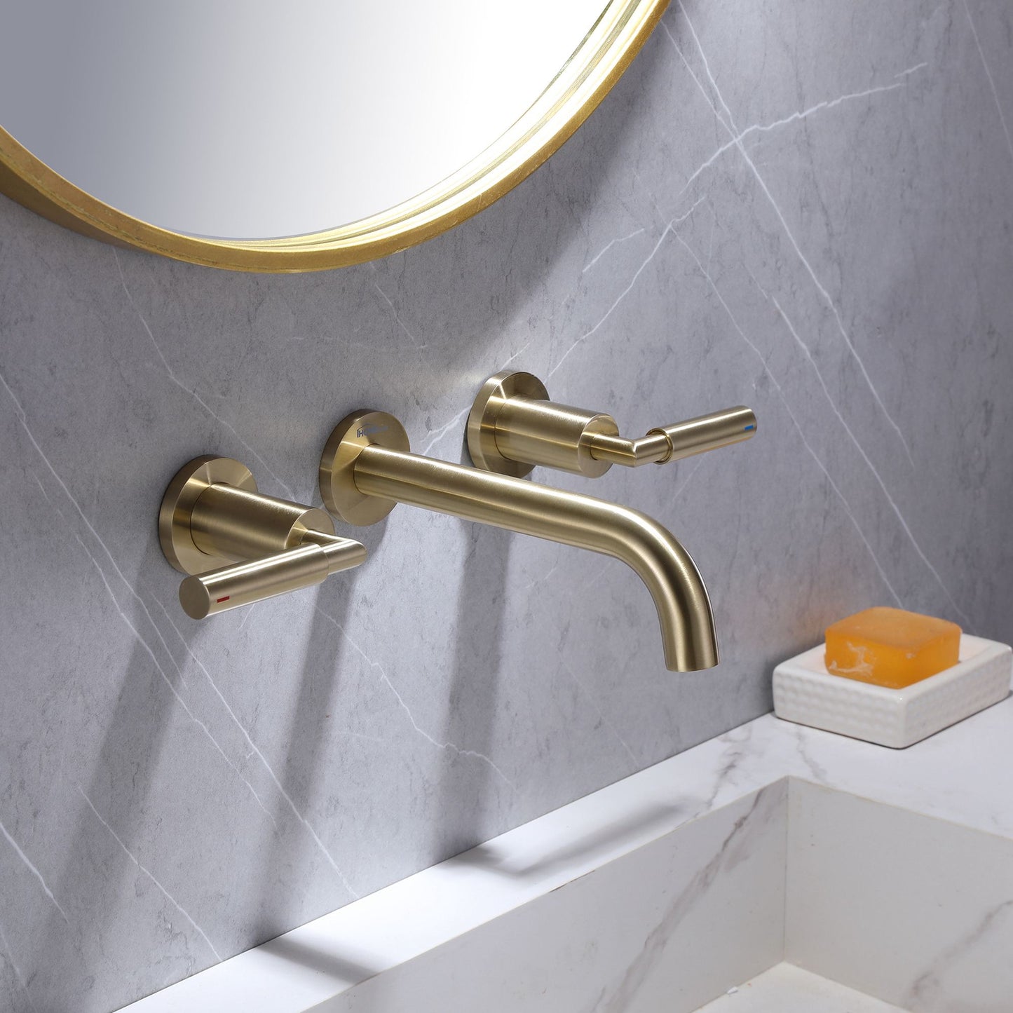 IHOMEADORE Brushed Gold Double Handle Wall Mounted Bathroom Faucet, Modern