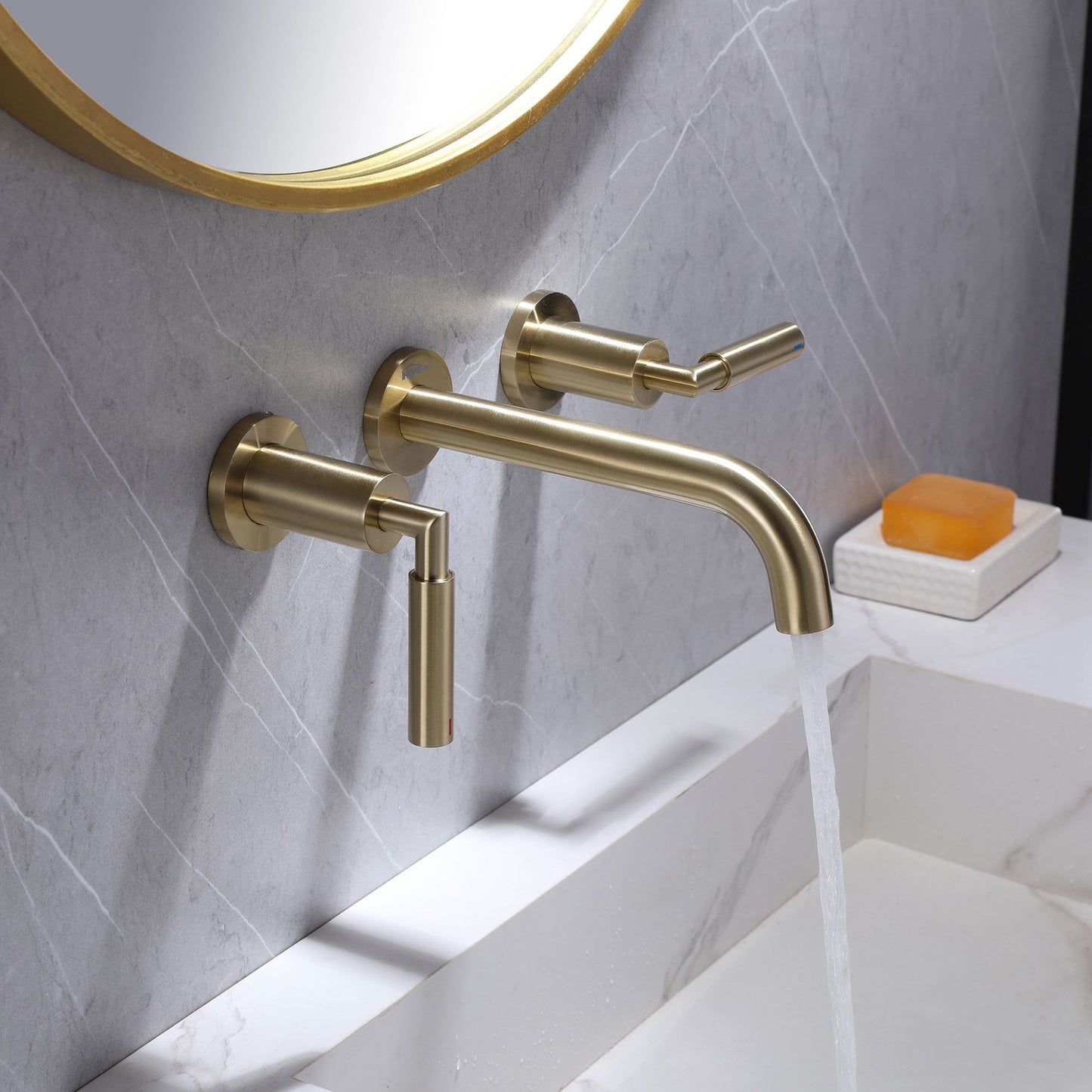 IHOMEADORE Brushed Gold Double Handle Wall Mounted Bathroom Faucet, Modern